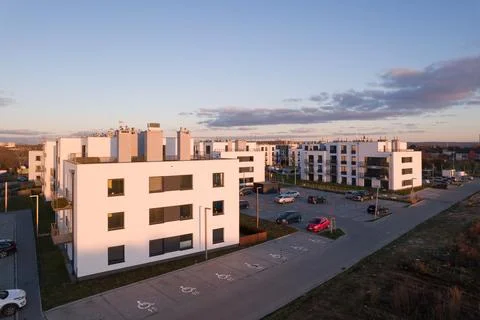 Modern Apartment Complex at Sunset Stock Photos