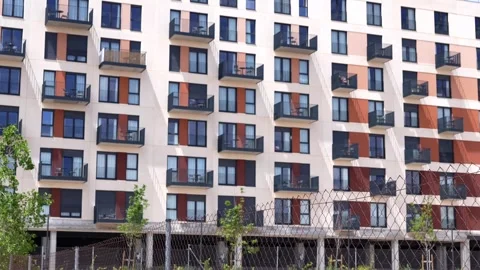 Modern apartment facade with balconies in Valdebebas Madrid Stock Footage 334736695