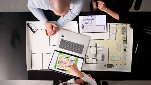 Modern Apartment Floor Plan. Couple Consulting Stock Footage 328393785