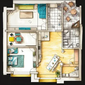 Modern apartment floor plan with top view. sketch of Stock Illustration