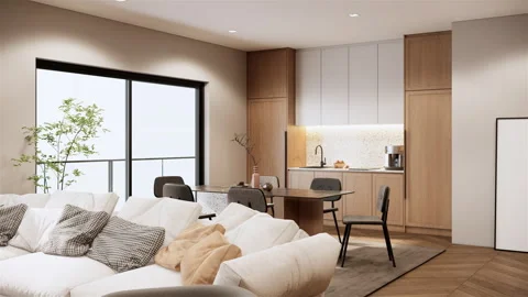 Modern apartment room interior with built in wooden kitchen counter and cabinets Stock Footage 241291309