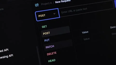 Modern API development tool interface displaying a GET request method, URL .. Stock Footage 318832027