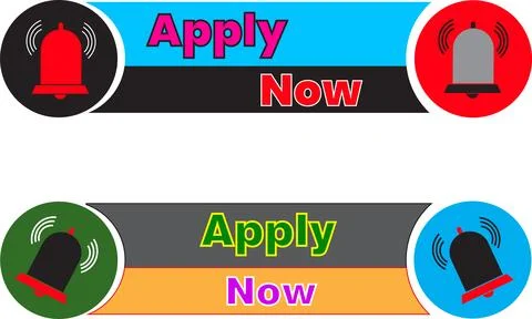Modern apply now vector banner with round alert bell and color icons for website Stock Illustration