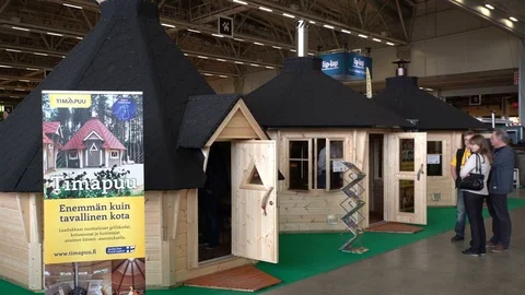 Modern arbours at the exhibition of landscape design Stock Footage