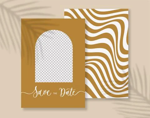 Modern Arch Save the Date card with wave background and place for photo. Stock Illustration