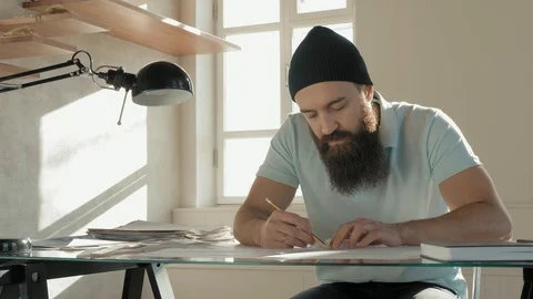 Modern architect work with draw. Create a blueprint. Sunny office. Stock Footage 120685687