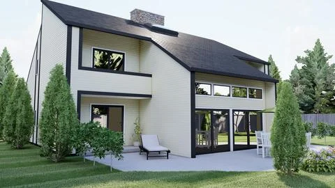 Modern Architectural 3D Rendering of Contemporary Two-Story Home Stock Illustration