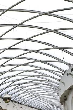 Modern architectural ceiling with metal frame and glass elements, 写真素材