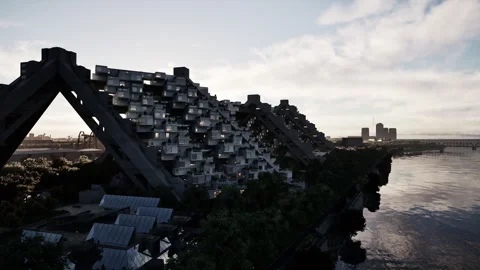 Modern architectural complex along the river at dusk with urban skyline Vídeos de archivo 331399809