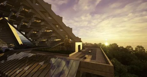 Modern architectural design during sunset in a natural setting Stock Illustration