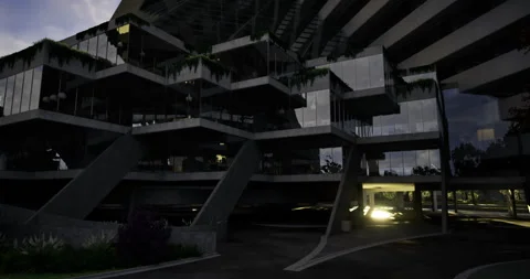 Modern architectural design featuring angular structures in the evening light Stock Footage 304508399