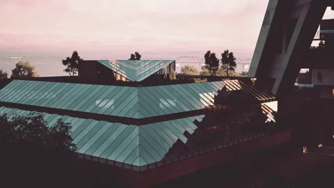 Modern architectural design featuring angular roofs near a tranquil river Video stock 327864768