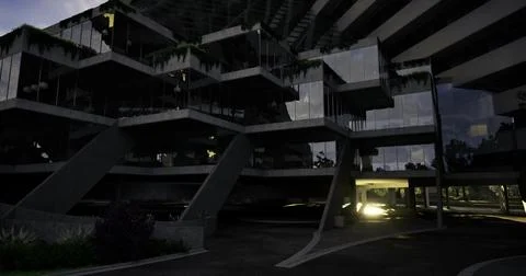 Modern architectural design featuring angular structures in the evening light Ilustración de archivo