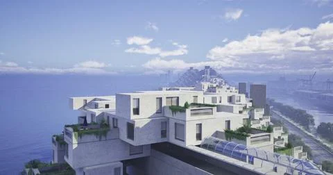 Modern architectural design overlooking the ocean at a coastal location Ilustración de archivo