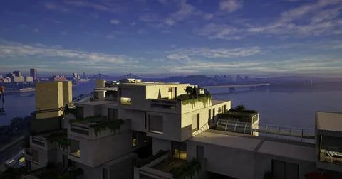 Modern architectural design overlooking a river at twilight in the city Ilustración de archivo