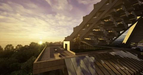 Modern architectural design overlooking a scenic sunset view at twilight Stock Illustration