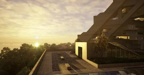 Modern architectural design by the river at sunset in an urban setting Stock Illustration