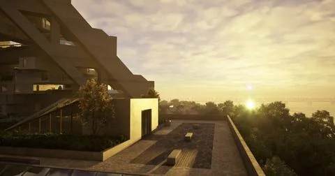Modern architectural design showcases sunset view over tranquil landscape Ilustración de archivo