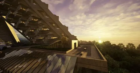 Modern architectural design showcases sunset over urban landscape Ilustración de archivo