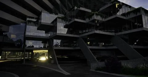 Modern architectural design showcasing a multi level structure at dusk Stock Illustration