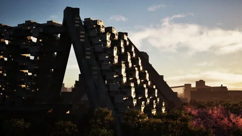 Modern architectural design of a unique building in a city at sunset Vídeos de archivo 327192428
