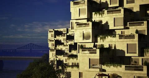 Modern architectural design of a unique building near water at dusk Ilustración de archivo