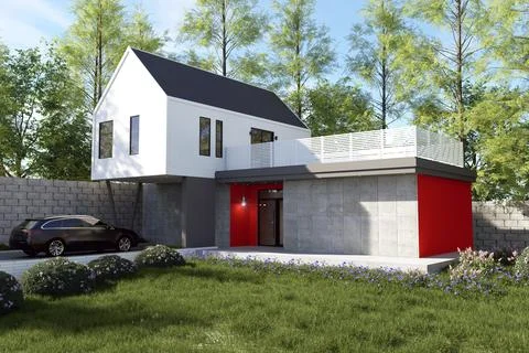 Modern Architectural Rendering of Minimalist House with Rooftop Terrace and Carp Stock Illustration