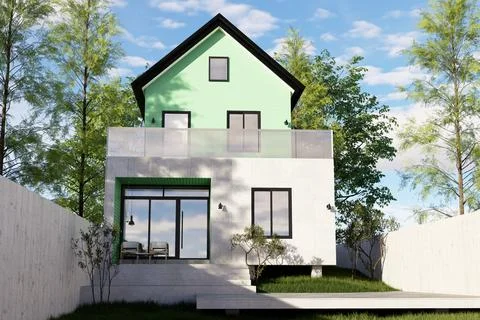Modern Architectural Rendering of Mint Green Two-Story House with Glass Balcony  Stock Illustration
