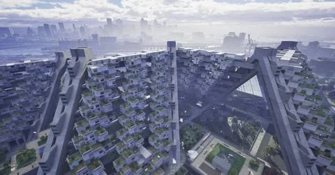 Modern architectural structure with greenery overlooking urban skyline Ilustración de archivo