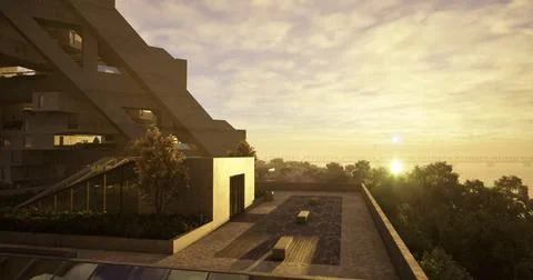 Modern architectural structure with stunning sunset view over river Ilustración de archivo