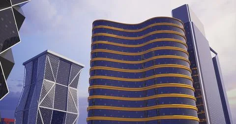 Modern architectural structures in a cityscape during sunset Ilustración de archivo