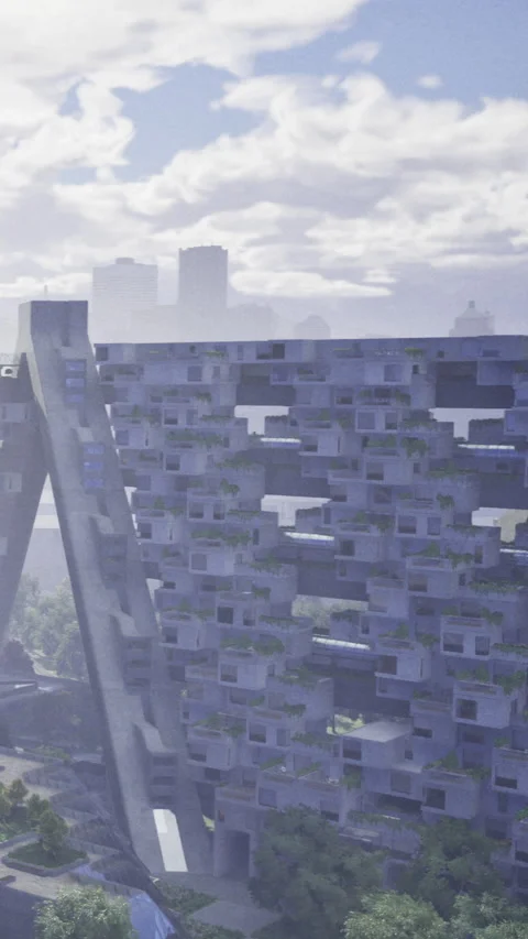 Modern architecture in abstract design located in urban setting with cloudy sky Stock Footage 332220796