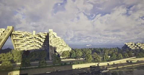 Modern architecture along a riverbank with dramatic clouds in daytime Stock Illustration