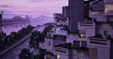 Modern architecture along a tranquil riverbank at sunset in an urban setting Ilustración de archivo