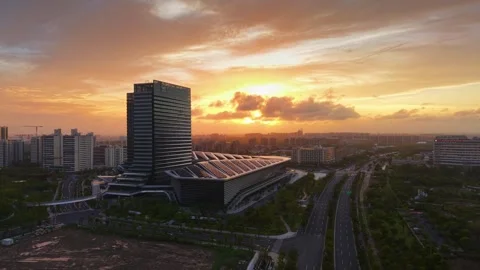 Modern Architecture and Roads at Sunset in Lingang, Shanghai Stock Footage 331286610
