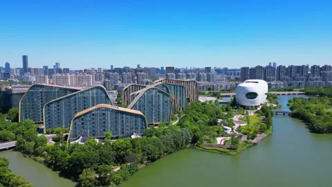 Modern Architecture Complex and Cityscape at Hangzhou Baimahu Animation Square Stock Footage 346084659