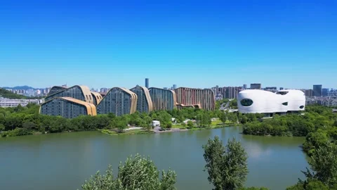 Modern Architecture Complex and Lake View at Hangzhou Baima Lake Animation 스톡 동영상 346084568