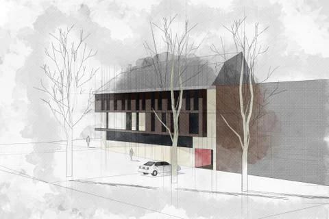 Modern architecture computer generated illustration watercolor s Stock Illustration