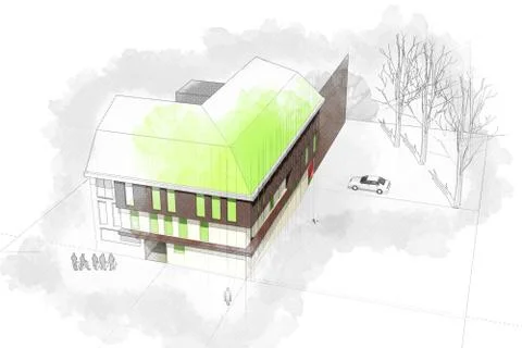Modern architecture computer generated illustration watercolor s Stock Illustration