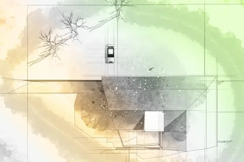 Modern architecture computer generated illustration watercolor s Stock Illustration