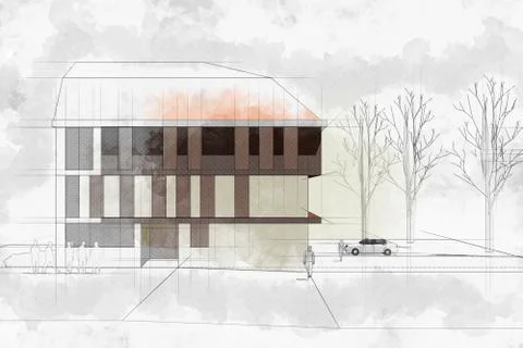 Modern architecture computer generated illustration watercolor s Stock Illustration