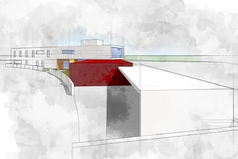 Modern architecture computer generated illustration watercolor s Stock Illustration