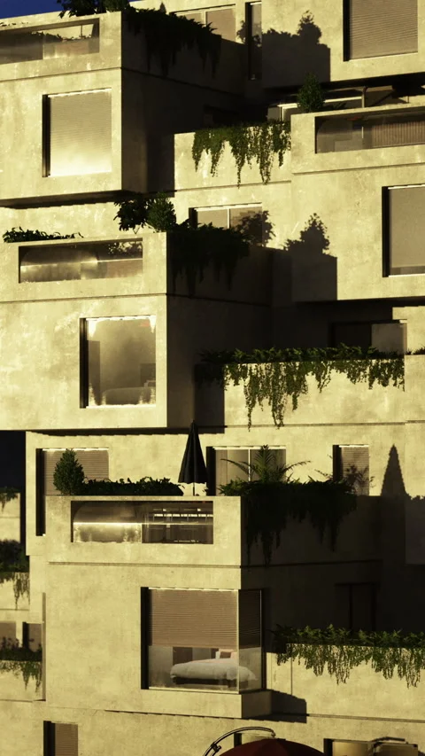 Modern architecture design with green elements in urban setting at dusk Stock Footage 331662363