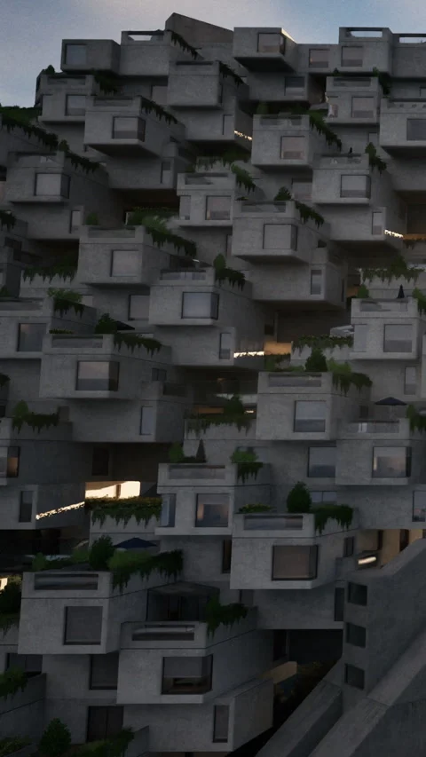 Modern architecture design in a stacked concrete building with greenery Stock Footage 340275603