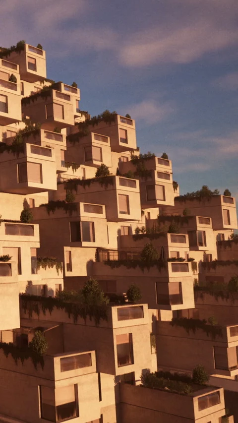 Modern architecture design in urban setting with green elements on building Stock Footage 335357184