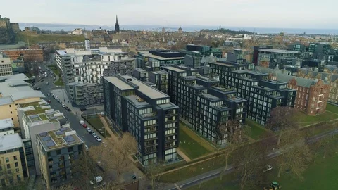 Modern Architecture in Edinburgh with Castle in background, drone aerial 4K Stock Footage 101225046