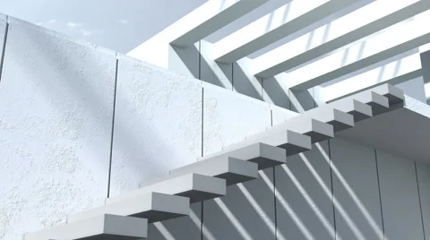 Modern architecture. Exterior,patio, stairs with white walls and sunlight Stock Footage