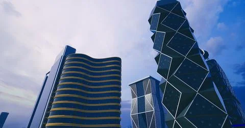 Modern architecture features skyscrapers with unique designs in urban setting 스톡 일러스트