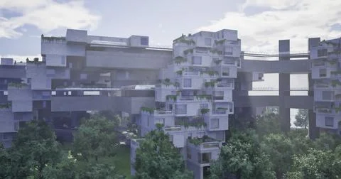 Modern architecture featuring green spaces amid concrete structures Ilustración de archivo