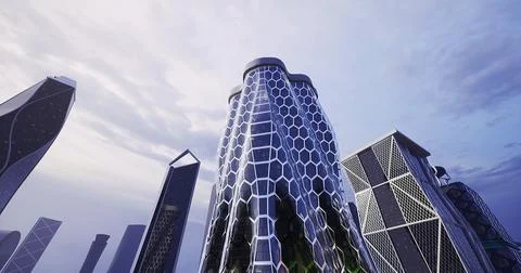 Modern architecture featuring hexagonal design elements in urban setting Stock Illustration